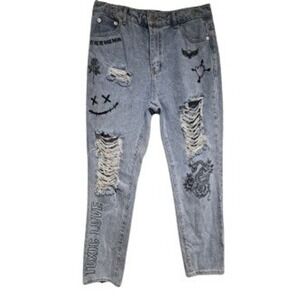 Adika Women Light Wash Distressed Graphic Jeans Blue Snake Toxic Love (30) L